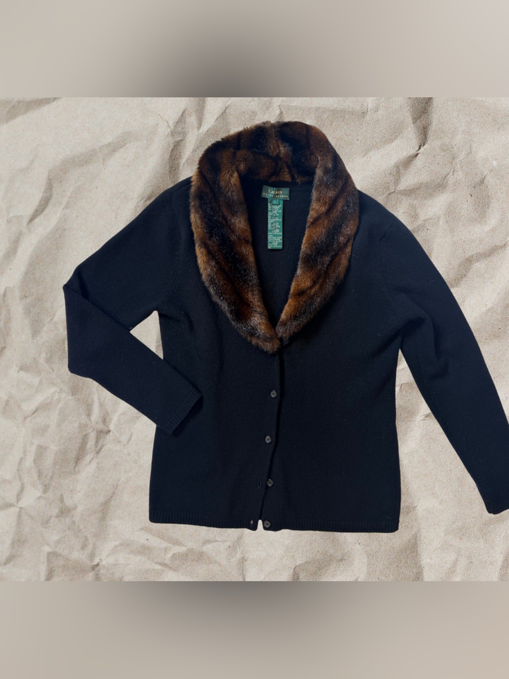 Vintage Lauren Ralph Lauren Black Cardigan Real Fur Collar Size L